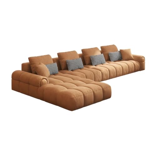 Image of Modern Cloud Puffy Velvet Sofa Tufted Structure Round Arm L-Shaped Sofa Set Round Back with Throw Pillows for Living Room (L Shape +1 & Footrest, Rust Orange)