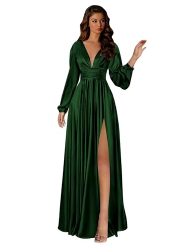 BOLENSYE Satin Bridesmaid Dresses Long Sleeve A Line V Neck Ruched Slit Formal Evening Party Gown with Pockets3