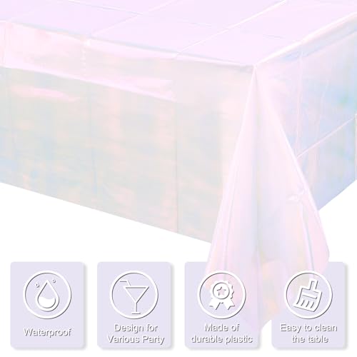Image of 6 Pack Iridescent White Plastic Tablecloth, Shiny White Disposable Laser Rectangle Table Covers, Holographic Foil Tablecloth Party Decorations for Birthday Bridal Wedding Banquet, 40 x 108 Inch