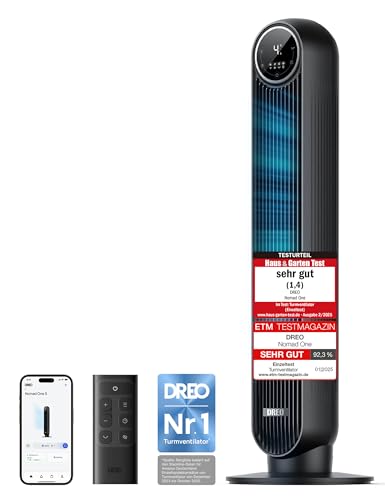 DREO Smart Leiser Turmventilator APP & Sprachsteuerung 90 oszillierender Ventilator mit Fernbedienung 4 Modi 4 Geschwindigkeiten 8 Std. Timer Nomad One S Schwaz