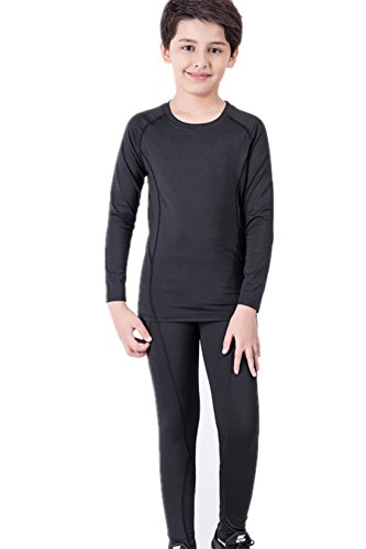 Niños & Niña Set de Ropa Térmica Compresión Camiseta De Manga Larga+Pantalones Leggings Gimnasio Aptitud Ropa Interior Conjuntos Suave y Transpirable (Negro 2 160) Cover