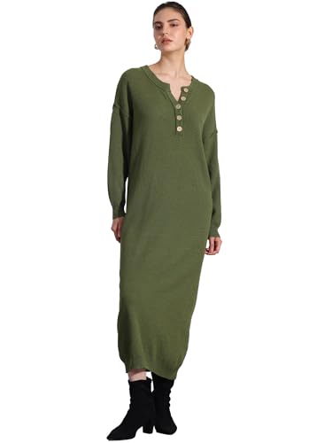 Allegra K Vestido de Punto para Mujer, Manga Larga, Botones, Cuello Redondo, Gran tamaño, otoño, maxivestido Tipo suéter Verde M