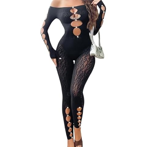 Fairydreamy Women Sexy Leopard Bodysuit Pearl Off-Shoulder Rompers Long Sleeve Party Clubwear Bodycon Jumpsuit (Black, One Size) Cover