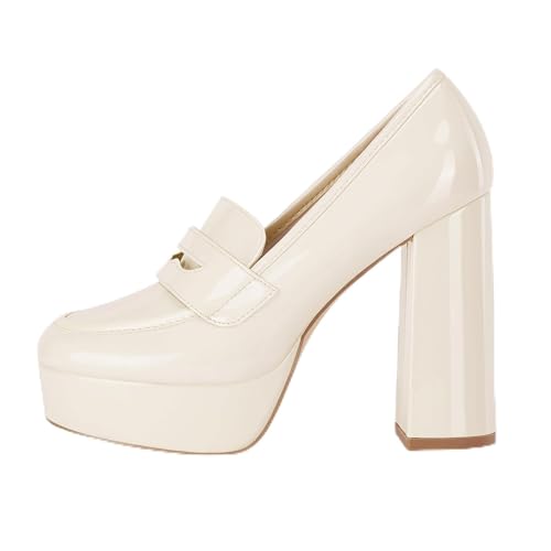 Image of Coutgo Womens Platform Heels Loafers Chunky High Heel Closed Toe Patent Leather Shoes Penny Loafer Business Dress Work Pumps