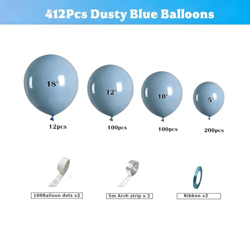 Image of 412pcs Dusty Blue Balloons Different Sizes 18 12 10 5 Inch, Slate Blue Boho Neutral Balloon Arch Kit for Engagement Baby Shower Birthday Wedding Party Decorations
