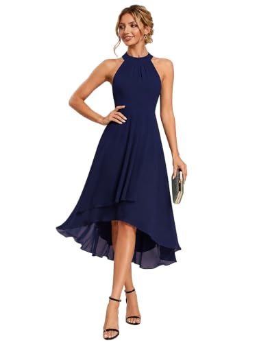 Image of Ever-Pretty Women's Halter Chiffon Midi Cocktail Wedding Guest Dress | High Low, Pleated, Summer Semi Formal Dress, Mother of the Bride Dress