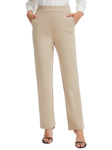 ZXIHZF Women's Ponte Pull-On Straight Leg Dress Pants Elastic Waistband with Side Pockets (US...