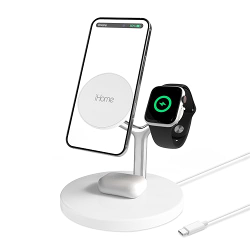 iHome Magnetic Charging Stand, 15W Wireless Charger for iPhone, Apple Watch & AirPods (4-in-1)