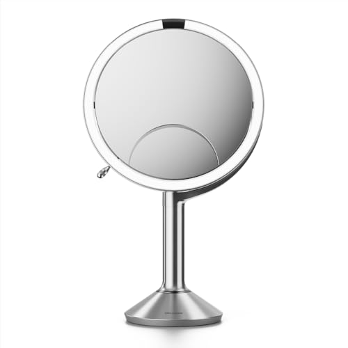 simplehuman Sensor Mirror Trio 1X 5X 10X Magnification Round Rechargeable Beauty Makeup Mirror Tru-Lux Full-Spectrum Light Dual Light Settings Adjustable Brightness Brushed Stainless Steel