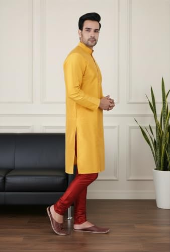 Image of Sadree Men's Silk Blend Mandrin Collor Full Sleeve Knee Length Indian Kurta Chudidar Pyjama Set