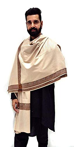 Image of Goodluck Men's Pure Wool Lohi /Woollen Embroidered Border Kunj Shawl (Cream, Size 37 x 75 Inches)