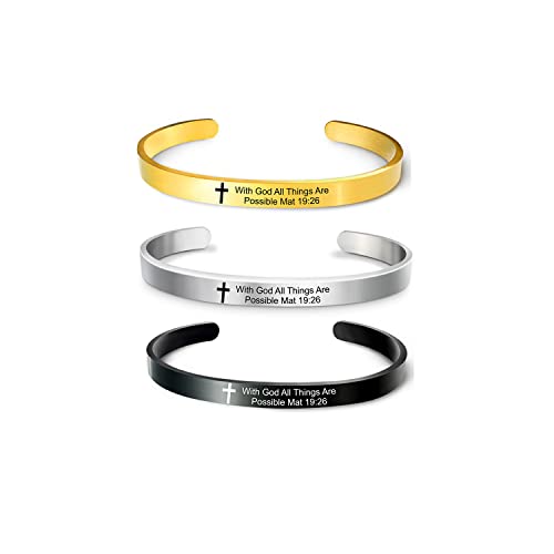 Renyilin 3Pcs Religious Prayer Bracelet Cross Engraved With Bible Verse With God All Things Are Possible. Mat 19:26" Inspired By Baptism Faith Cuff Jewelry #TOP18