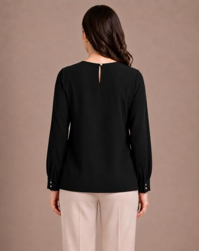 Image of Mirana Women's Full Sleeve Solid Top | Round Neck Pleated Front Regular Fit Office Casual Blouse with Button Cuffs