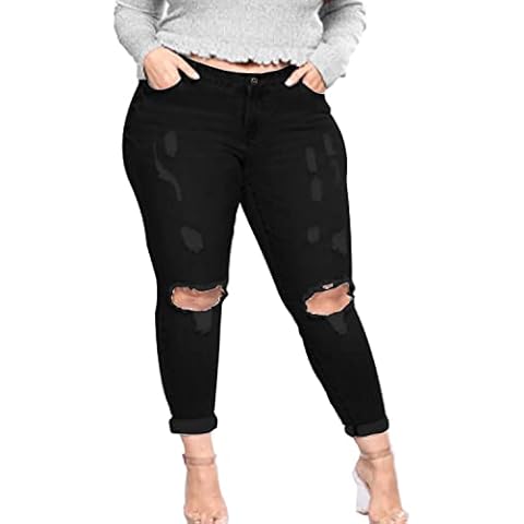 Tulucky Women's Plus Size Boyfriend Jeans Distressed Ripped Denim Pants Comfy Stretch Skinny Jeans, Black, 22 Plus Cover