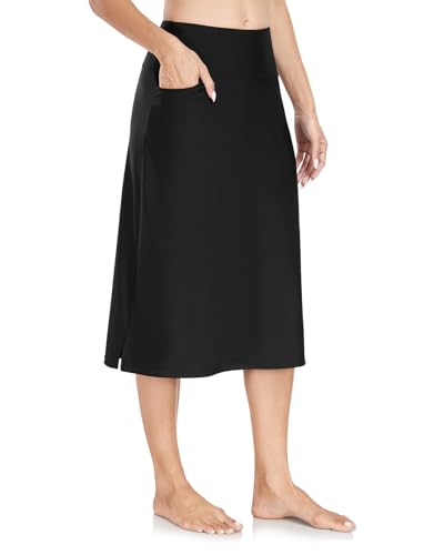 WOWENY Women's Midi Length Long Swim Skirts with Legging Modest High Waisted Tankini Skirt Bottom with Zipper Pockets
