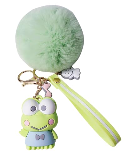 PaPiJoJo Cute Keychains for Girls, Kawaii Pom Pom Fuzzy Key Chain Accessories Wristlet Cartoon Keychain