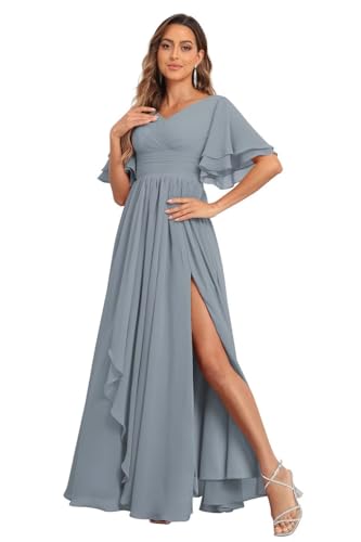 Image of Women's V Neck Short Sleeve Bridesmaid Dresses for Wedding Ruffled Chiffon Evening Formal Gown