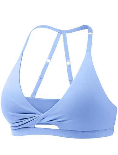 Yeoreo Sports Bras For Women Micaela Open Back Workout Gym Bra Padded Medium Impact Yoga Tops With Ajustable Back Straps Ice Blue M cover
