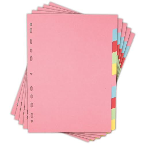Elba A4 Pink 10-Part File Dividers 5 Pack Multi-Coloured Recycled Card Dividers Multi-Hole Punched for Ring Binders