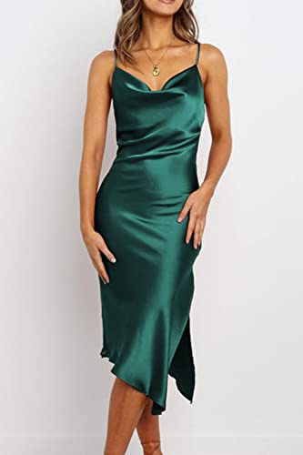Prettygarden Women's Summer Satin Dress Sexy Sleeveless Spaghetti Strap Side Slit Cowl Neck Midi Bodycon Dresses (Dark Green,Small) #TOP6