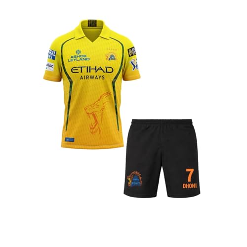 Image of CSK thala Dhoni 7 Official Cricket Team Jersey with Black Shorts 2024 for Boys and Men