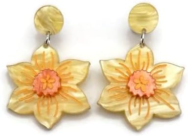 Yellow Daffodil Dangle Earrings, 50s 60s Retro Spring Flower Earrings, Floral Statement Earrings