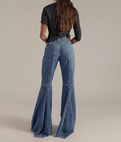 CHARTOU Women Patchwork Flared Denim Wide Leg Pants Y2k High Rise Floor Length Distressed Baggy Jeans3