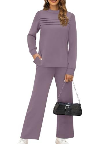 Image of WIHOLL Two Piece Sets for Women Fall Travel Vacation Outfits 2026 Long Sleeve Lounge Sets Side Slit Wide Leg Pants XS-3XL