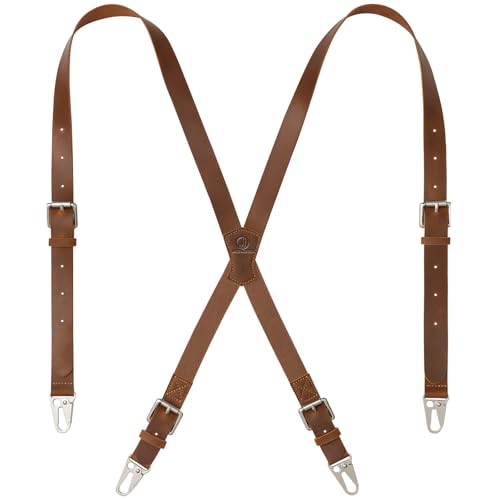 Jack&Chris Genuine Leather X-Shaped Suspenders for Men Adjustable Heavy Duty Solid 1 Inch Wide Suspenders with Sturdy Clips Men Accessories For Jeans Brown
