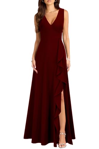 MUSHARE Womens V Neck Sexy Split Cocktail Dress with Pockets Ruffle Party Long Formal Dress Burgundy