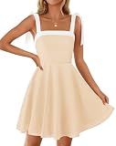 Picture of ZESICA Womens Summer Sleeveless Mini Dress Tie Shoulder Square Neck High Waist Swing A Line Short Sundresses,Apricot,Large