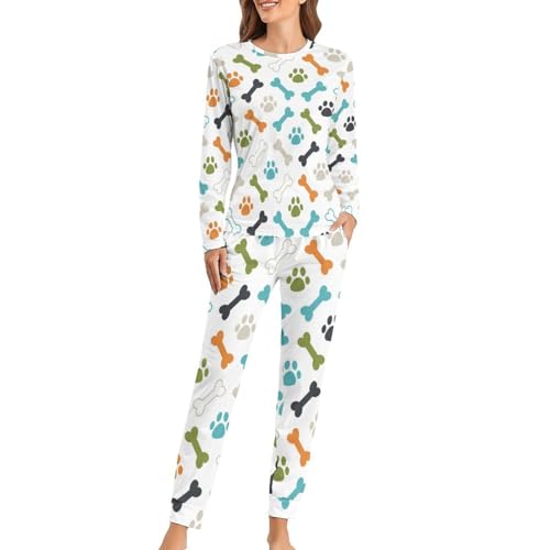 Pyjama femme patte d'os de chien en coton avec t-shirt manches longues et pantalon de nuit
