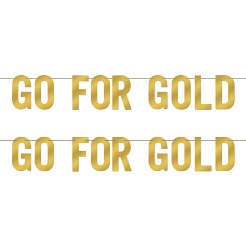 2pcs Go for Gold Signs, 7 Inch x5ft Gold Foil Go Streamers Go for Gold Banner Go for Gold Decorations for Sport Themed Party Decorations