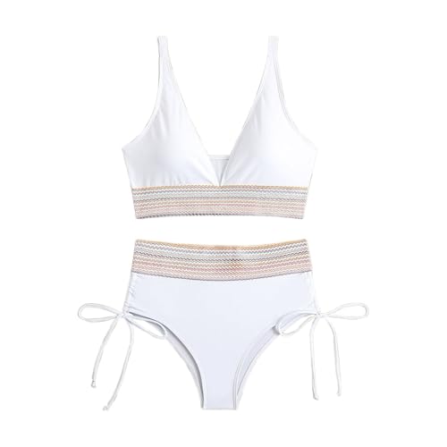 BañAdor Premama Bikinis Mujer 2026 Talla Grande Traje de baño de Bikini Plisado con Escote en V Profundo y diseño Bloques Color para Mujer Bikini con Aros Sin Relleno BañAdor Premama (White, S)