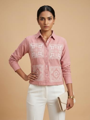 Image of Stylish Women's Embroidered Shirts | Geometric Pattern Half Sleeve Collared Button-Up Casual Shirt for Women