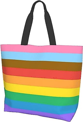 SJOAOAA Rainbow Gay Pride Canvas Tote Bag Casual Reusable Large Grocery Bags Women Shoulder Handbag for Shopping Work Travel Beach, Progress Pride Flagge, Regenbogenfarben, 12 Stück, Einheitsgröße