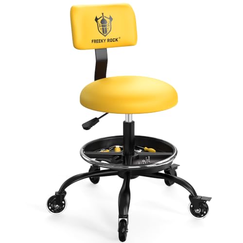 Image of Rolling Shop Stool with Wheels, Garage Stool Chair, Yellow