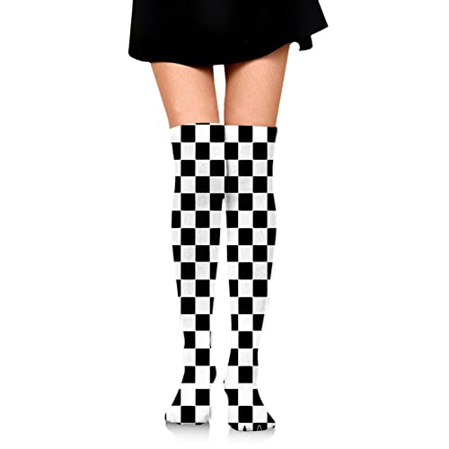 Fashion Casual Black and White Squares Chess Checkered Over The Knee Boot Socks Winter Warm Thigh High Cotton Dress Socks Soft Leg Warmers for Women Teens Girls