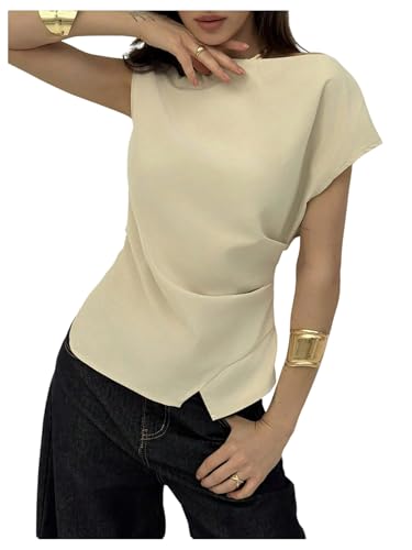 GORGLITTER Women's Pleated Office Work Shirts Dolman Sleeve Asymmetrical Neck Blouse