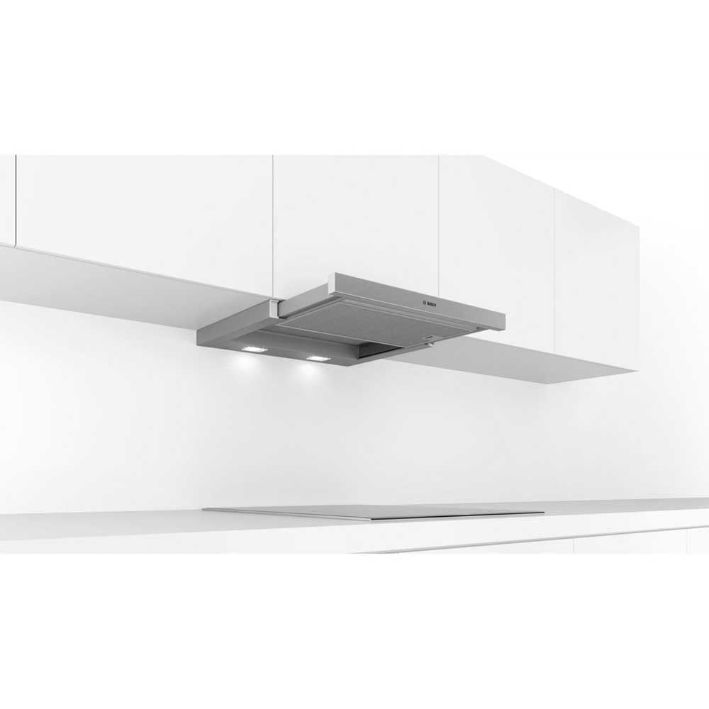 Bosch DFL063W56 Serie 2 Flachschirmhaube 60 cm Silbermetallic Umluft Abluft Wippenschalter 2 Leistungsstufen Metallfettfilter