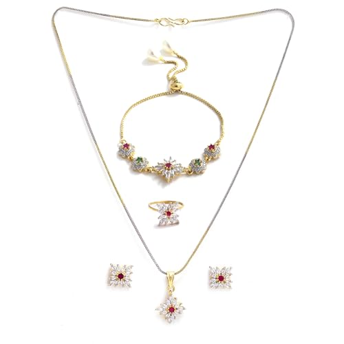 Image of ZENEME Jewellery Set for Women American Diamond Necklace Set with Earrings, Bracelet and Ring Jewellery for Girls and Women