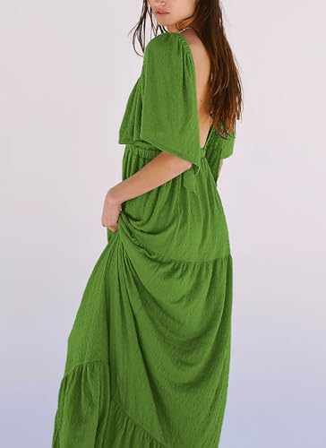 Image of Kikibell Women Summer Dresses Sexy V-Neck Maxi Dress Tiered Silhouette with Flutter Sleeve Backless Elastic Waist Flowy Dress