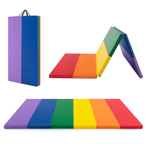 Giantex 6' x 4' Gymnastics Mat, Tri-Fold Tumbling Mat w/PU Leather Cover & EPE Foam Padding,...