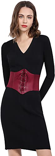Hoerev Corsets Belt Tops Leather Vest Pirate Halloween Costume Lace Up Waist Belt Bustiers Corsets For Women, Plum, S