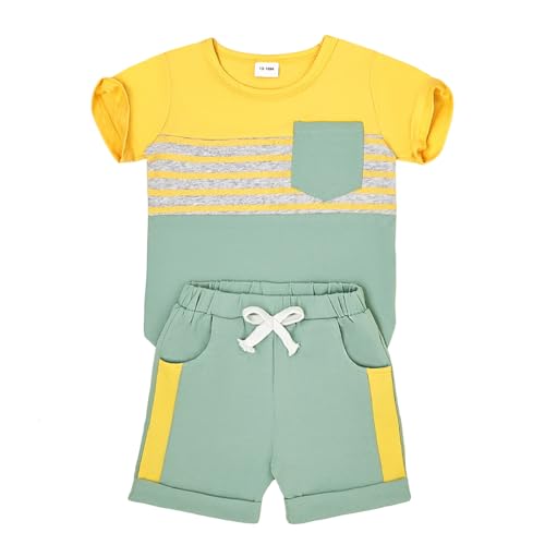 Image of FOCUTEBB Toddler Boy Clothes Summer Patchwork T-Shirt Shorts 2Pc Set 12M-5T | Soft Cotton Short Sleeve Set, Patchwork Design, Comfy Elastic Waist with Pocket, Toddler Boy Summer Casual Daily Wear