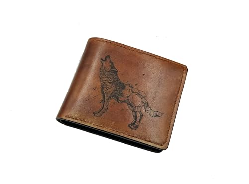 Wolf geometric leather wallet, handcrafted bifold ID card style, small gift for dad