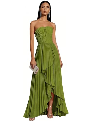 YouHaozhai Womens Strapless Bridesmaid Dresses for Wedding Hi-Lo Olive Green Pleated Satin Formal Dress for Wedding Guest Dresses US4
