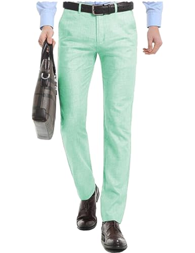 Mens Casual Linen Pants Flat Front Classic Fit Beach Trousers Summer Dress Pants