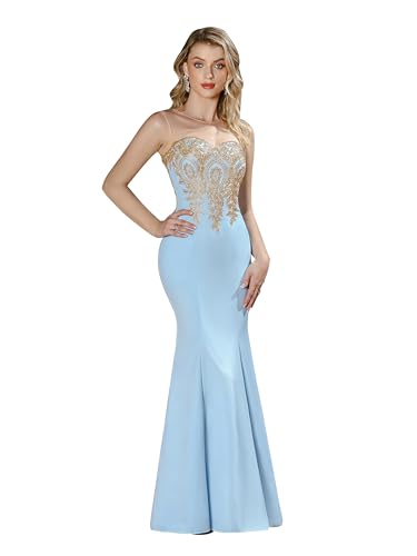 Image of Prom Dress for Women 2025 Gold Lace Applique Long Sheer Illusion Mermaid Formal Dresses Evening Gown