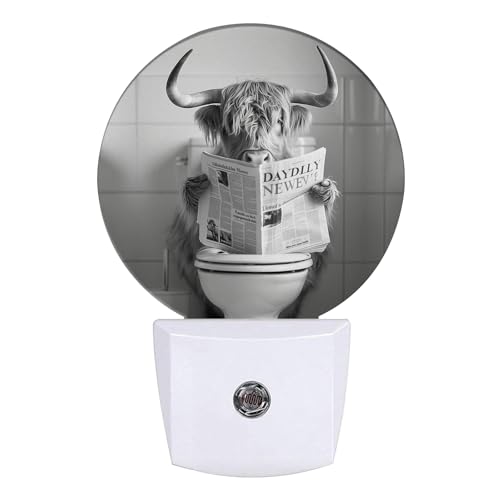 Image of Highland Cow Night Light LED Lamp Round Plug into Wall Nightlight with Dusk to Dawn Sensor Home Hallway Stairway Bathroom Decor